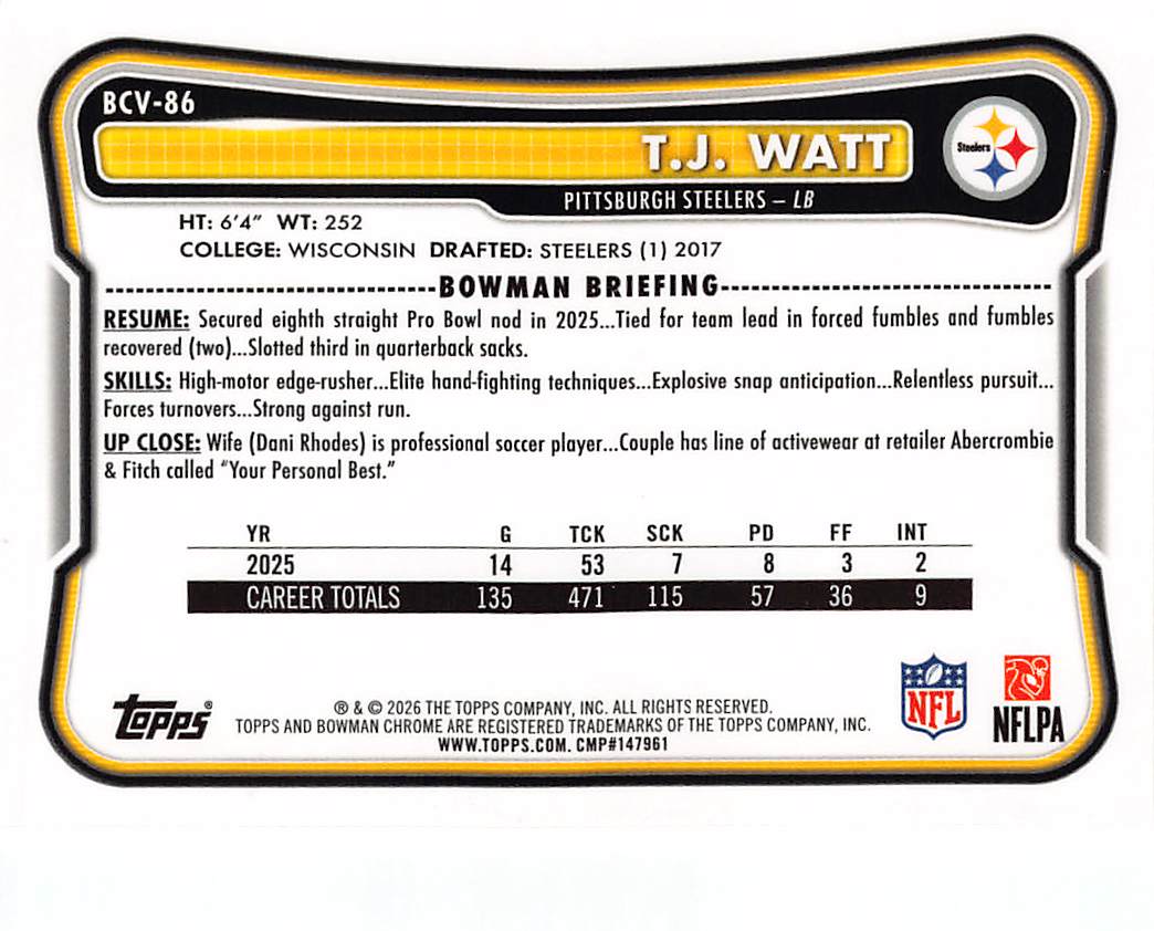 2026 Bowman Chrome T.J. Watt Yellow Mojo Refractor #BCV-86 Pittsburgh Steelers