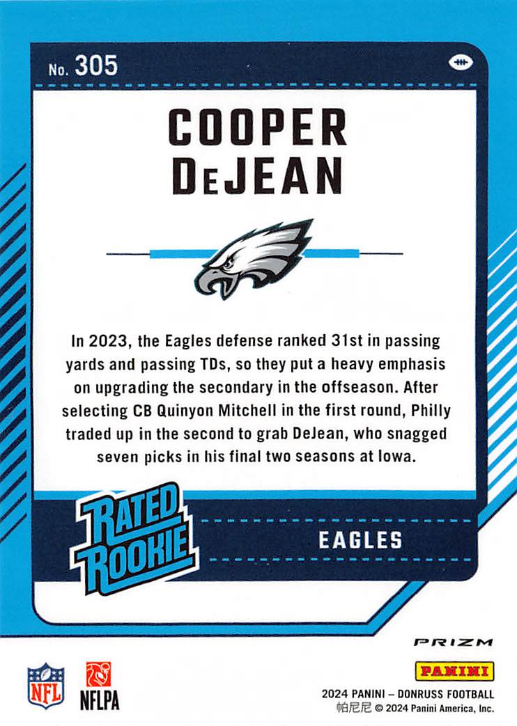 2024 Panini Donruss Optic Cooper DeJean Pink Rookie #305 Philadelphia Eagles
