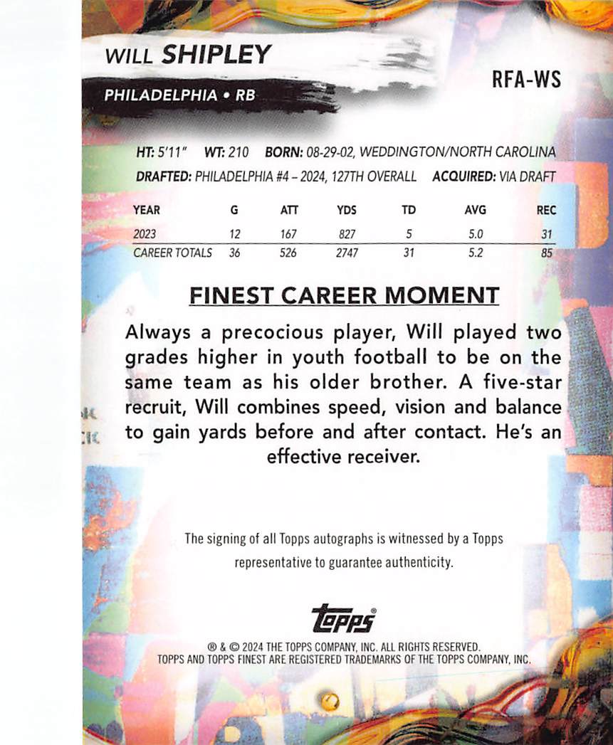 2024 Topps Finest Will Shipley Autograph Rookie RC #RFA-WS Philadelphia Eagles