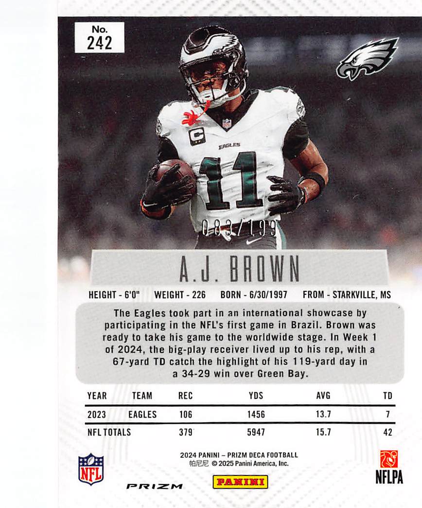 2025 Panini Prizm Deca Football A.J. Brown Red /199 #242 Philadelphia Eagles