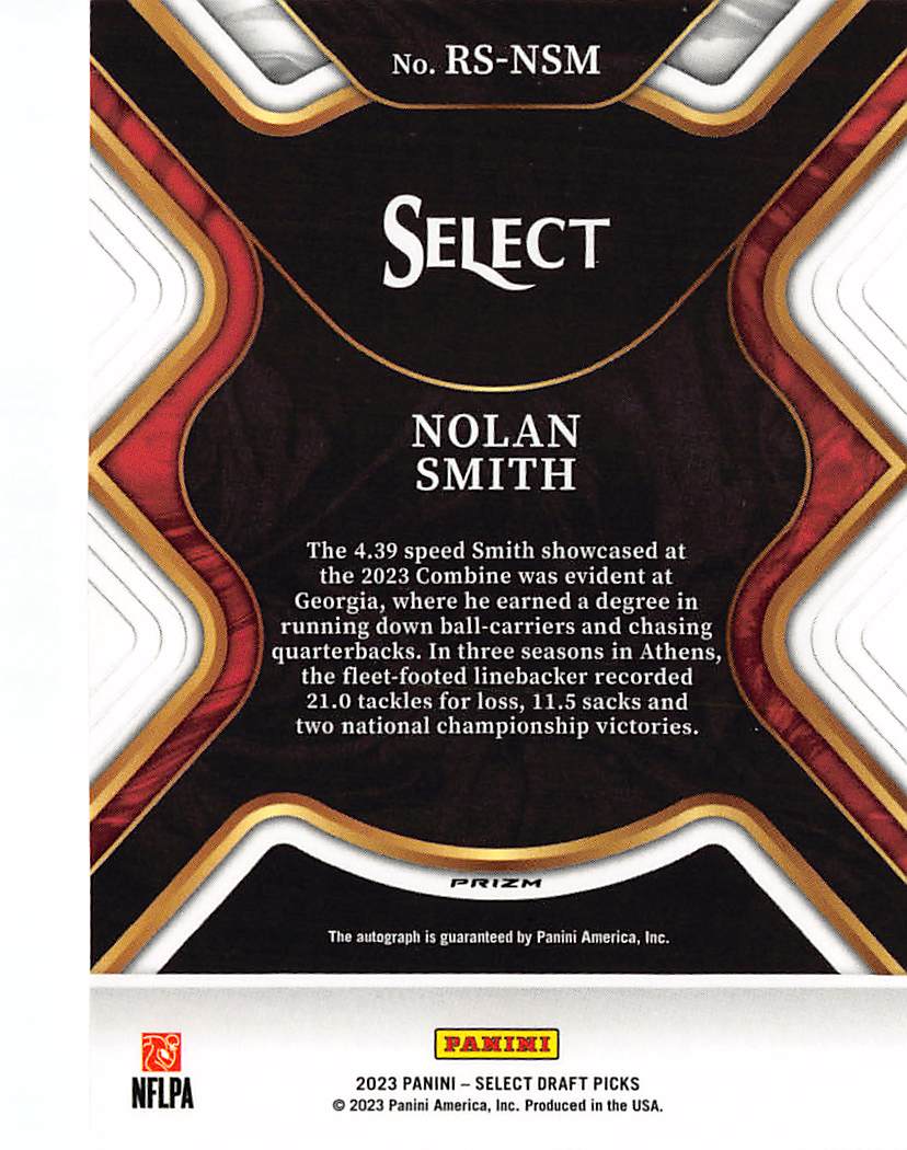2023 Panini Select Draft Picks Nolan Smith Red Auto Rookie RC #RS-NSM Georgia