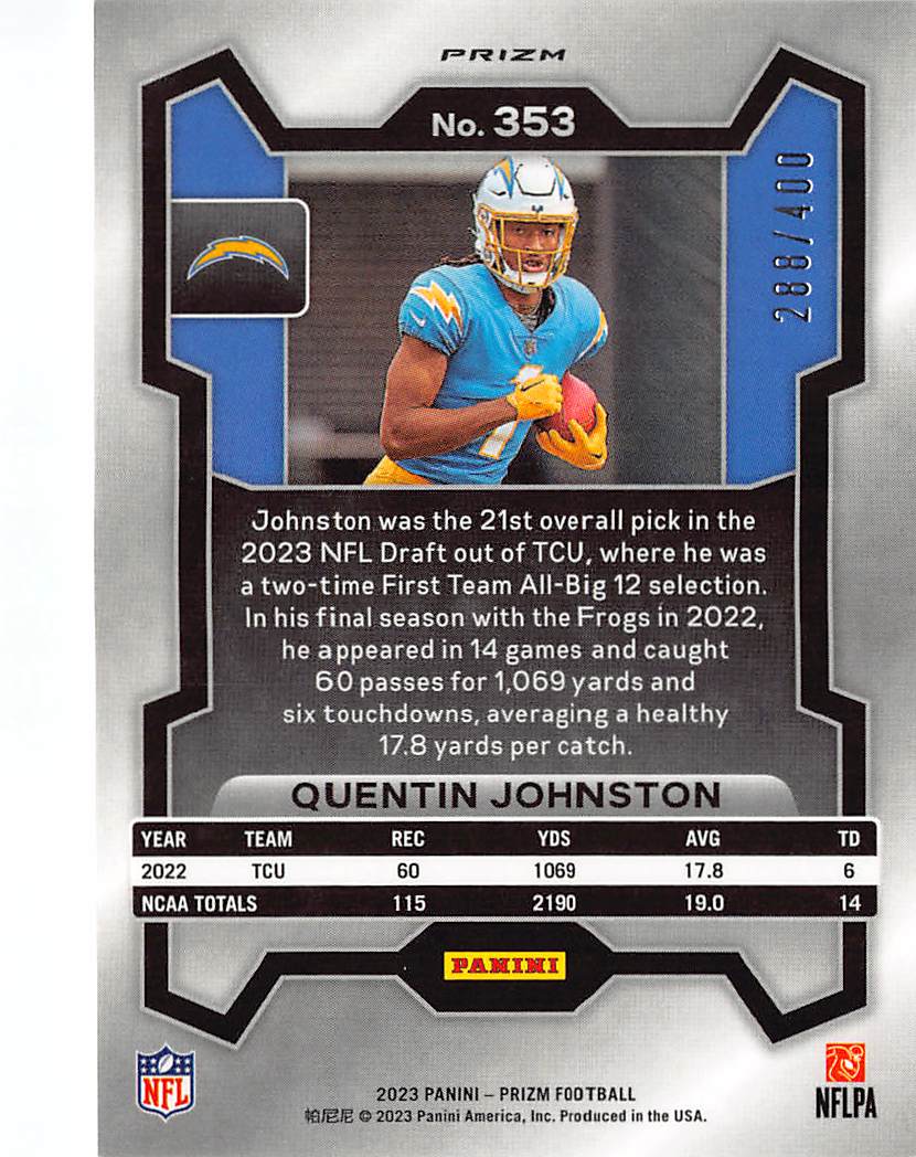 2023 Panini Prizm Football Quentin Johnston Pandora /400 Rookie RC #353 Chargers