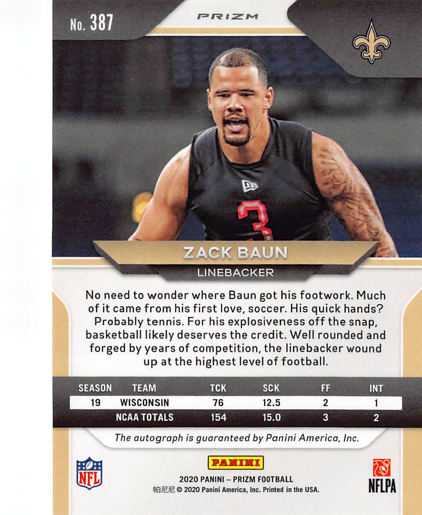 2020 Panini Prizm Football Zack Baun Silver Autograph Rookie #387 Saints