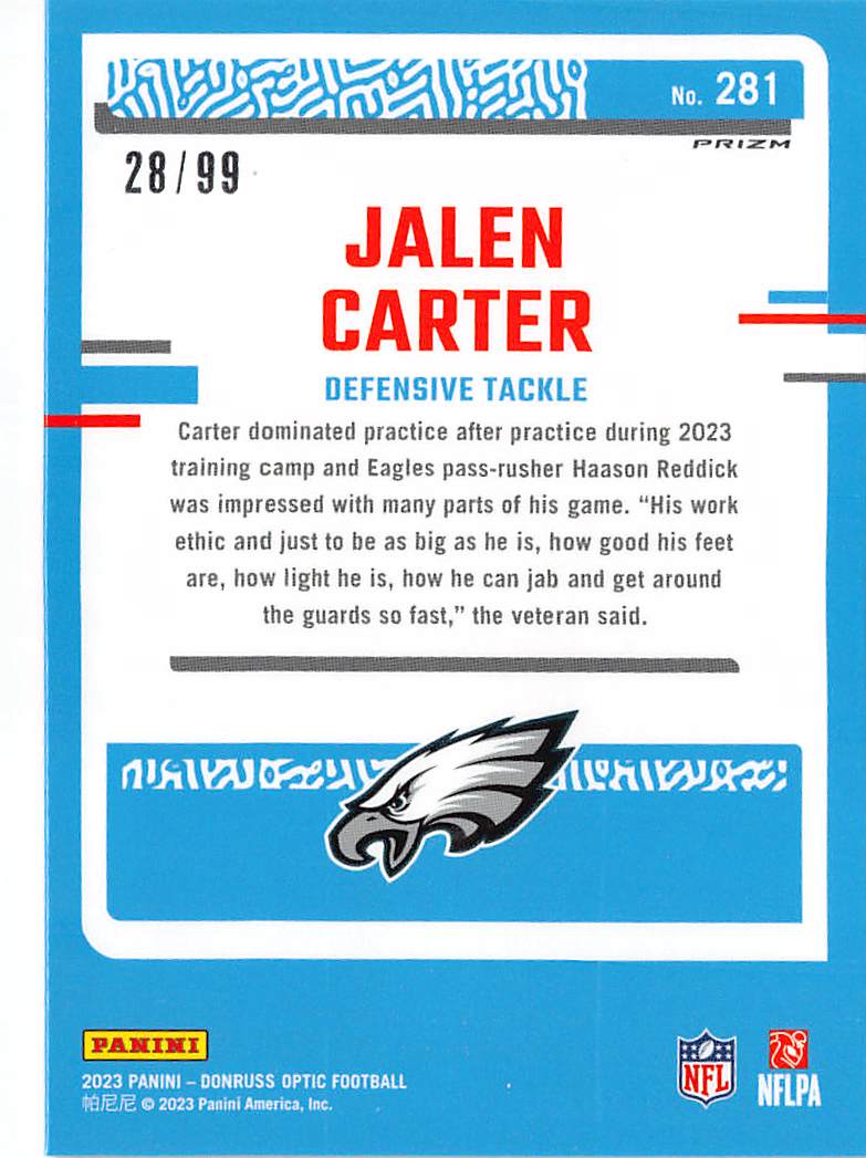 2023 Panini Donruss Optic Jalen Carter Red /99 Rookie #281 Philadelphia Eagles