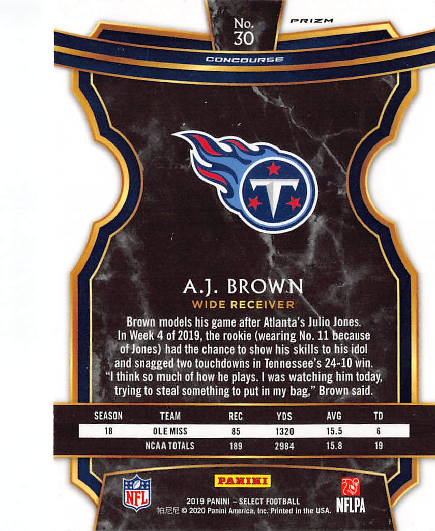 2020 Panini Select Football A.J. Brown Silver Rookie RC #30 Tennessee Titans