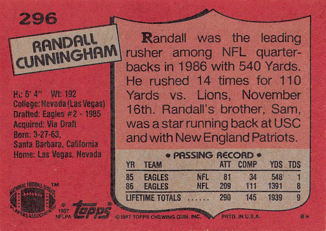 1987 Topps Randall Cunningham Rookie #296 Philadelphia Eagles