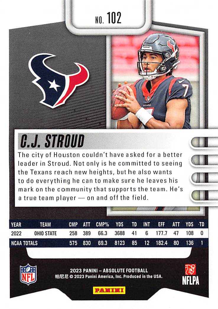 2023 Panini Absolute Football C.J. Stroud Rookie RC #102 Houston Texans