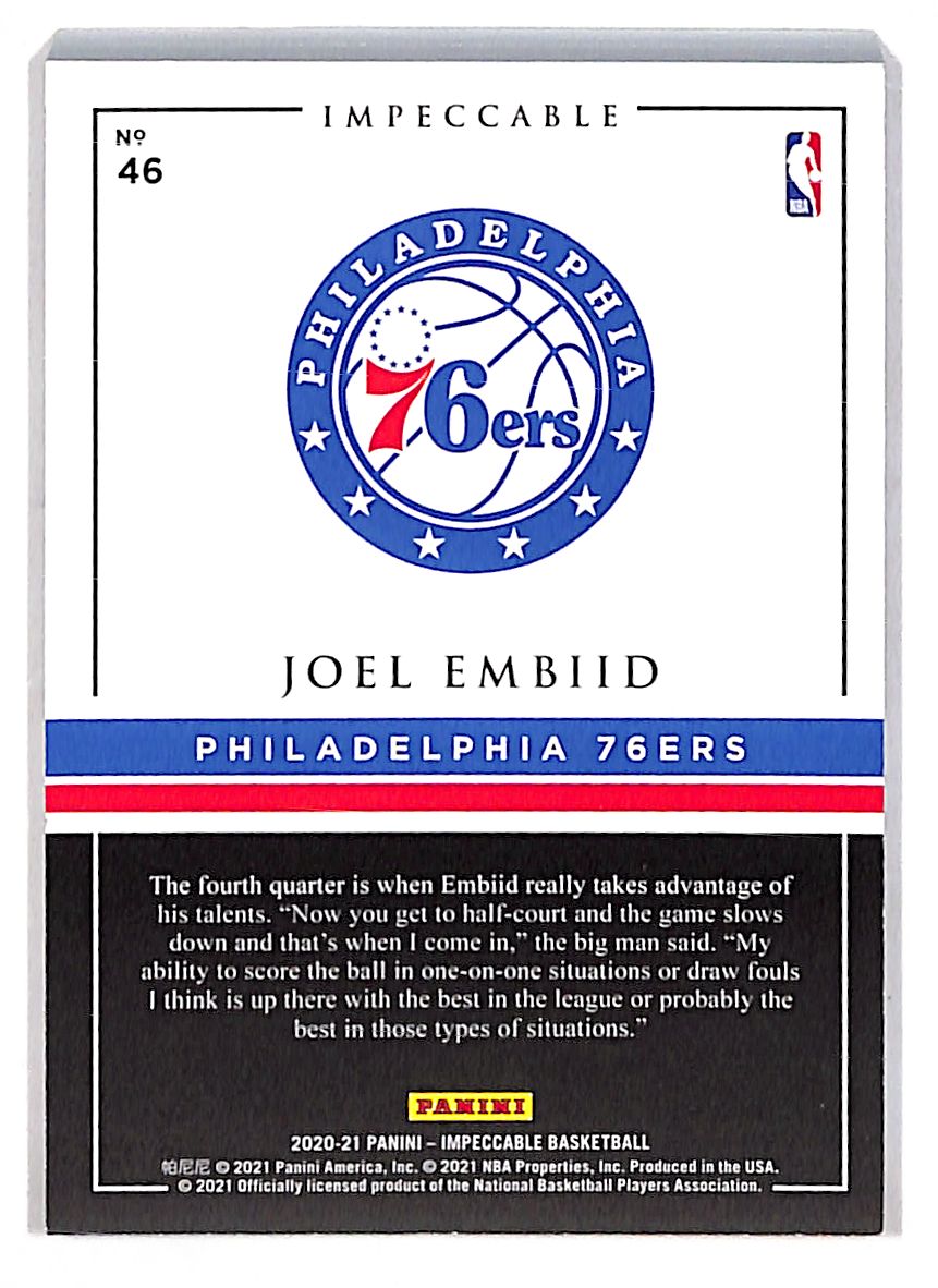 2020-21 Panini Impeccable Joel Embiid Fine Silver Bar /15 #46 Philadelphia 76ers