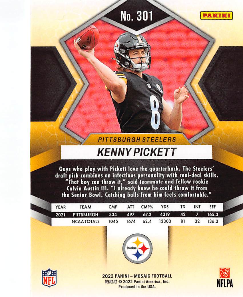 2022 Panini Mosaic Football Kenny Pickett Rookie RC #301 Pittsburgh Steelers