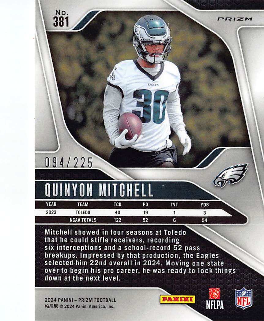 2024 Panini Prizm Football Quinyon Mitchell Pink Ice /225 Rookie RC #381 Eagles