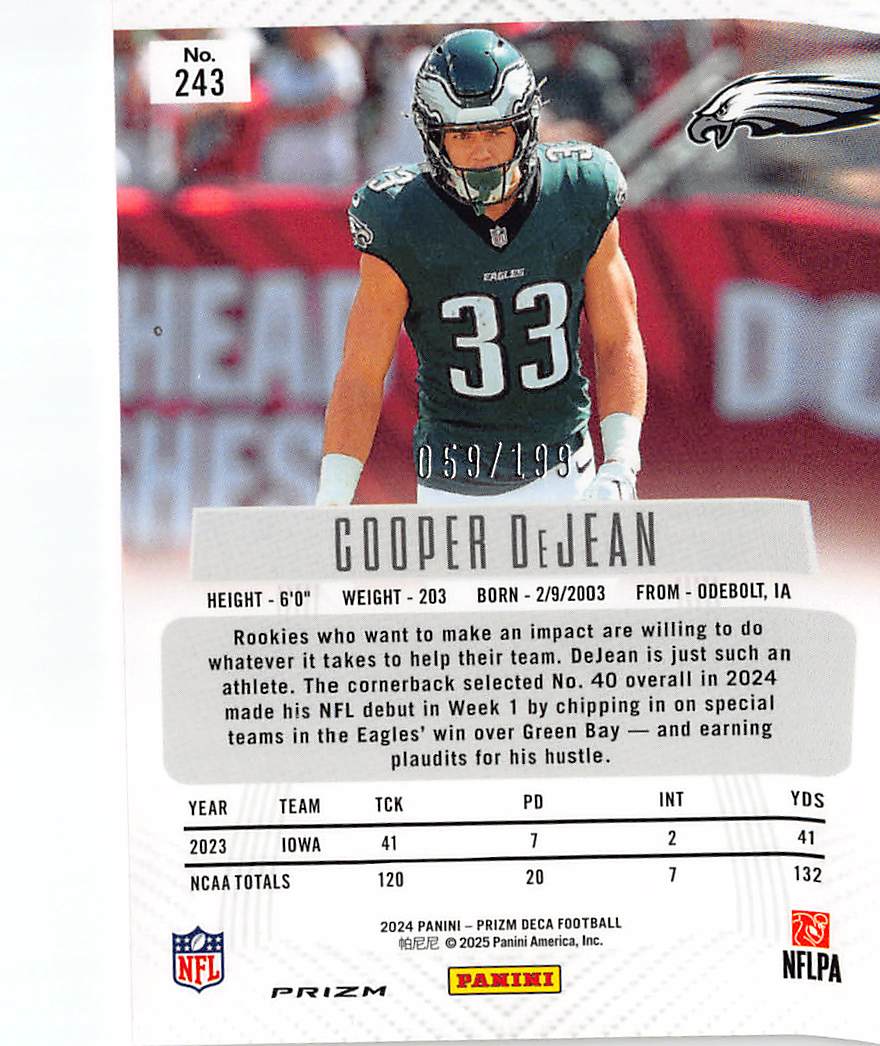 2025 Panini Prizm Deca Football Cooper DeJean Red Rookie RC 059/1990 #243 Eagles