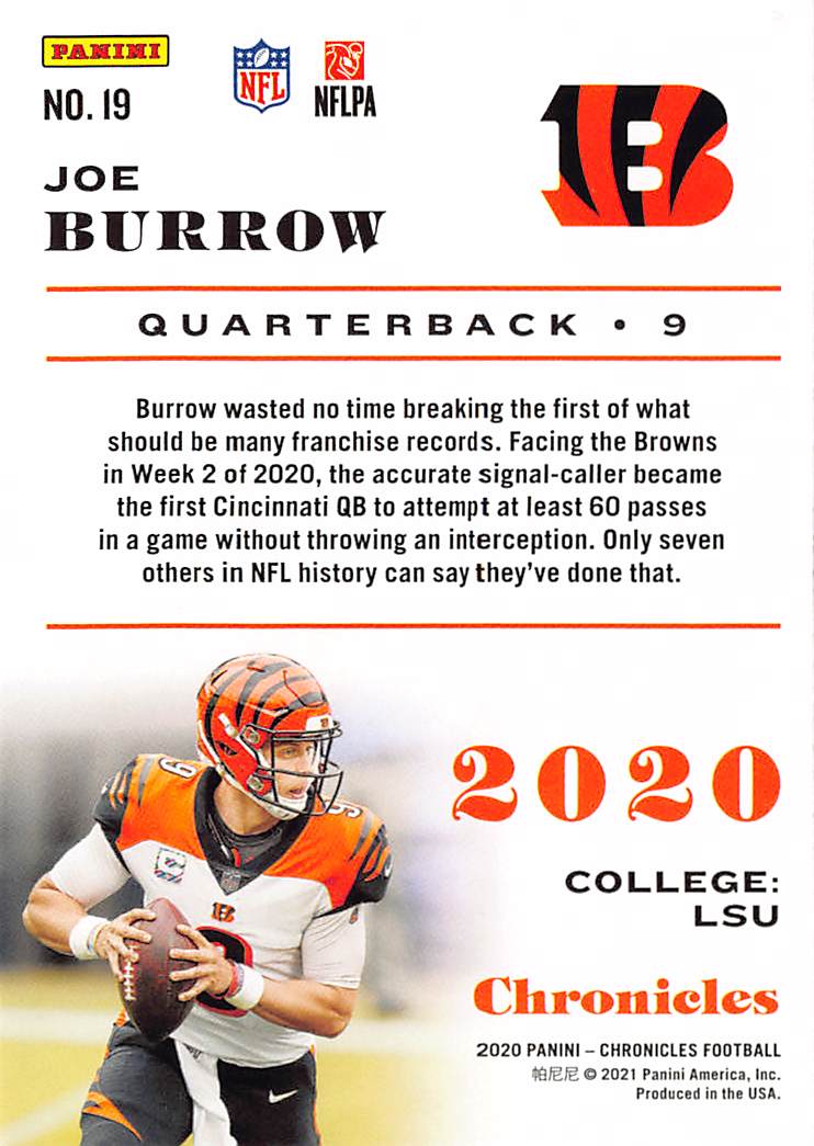 2021 Panini Chronicles Joe Burrow Rookie RC #19 Cincinnati Bengals
