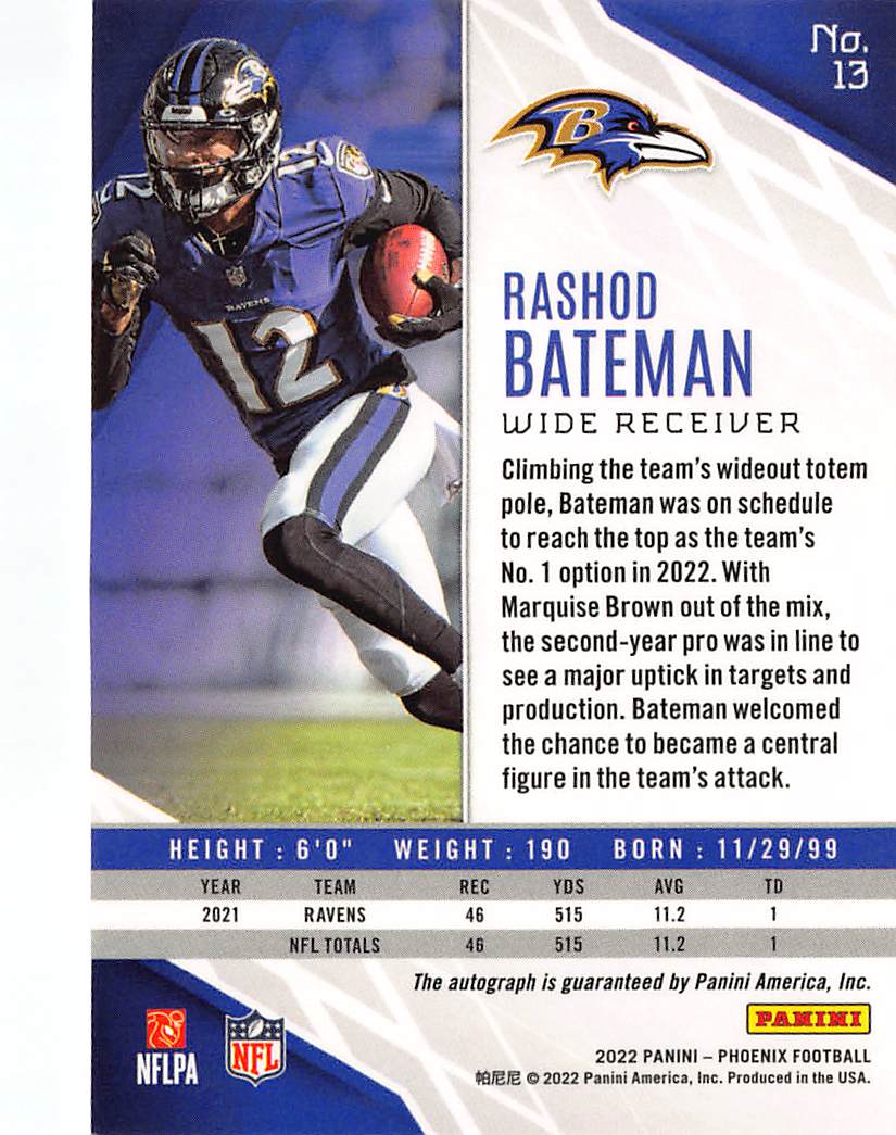 2022 Panini Phoenix Football Rashod Bateman Autograph #13 Baltimore Ravens
