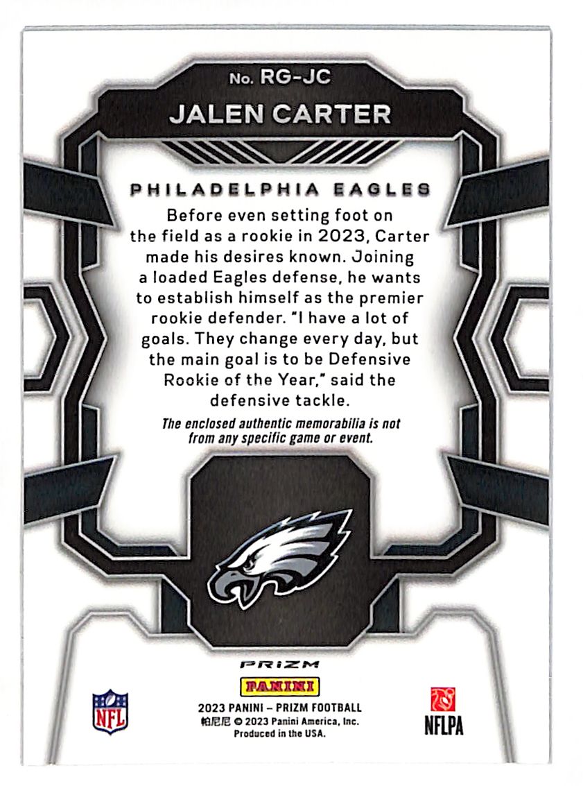 2023 Panini Prizm Jalen Carter Rookie Gear Patch Rookie RC #RG-JC Eagles