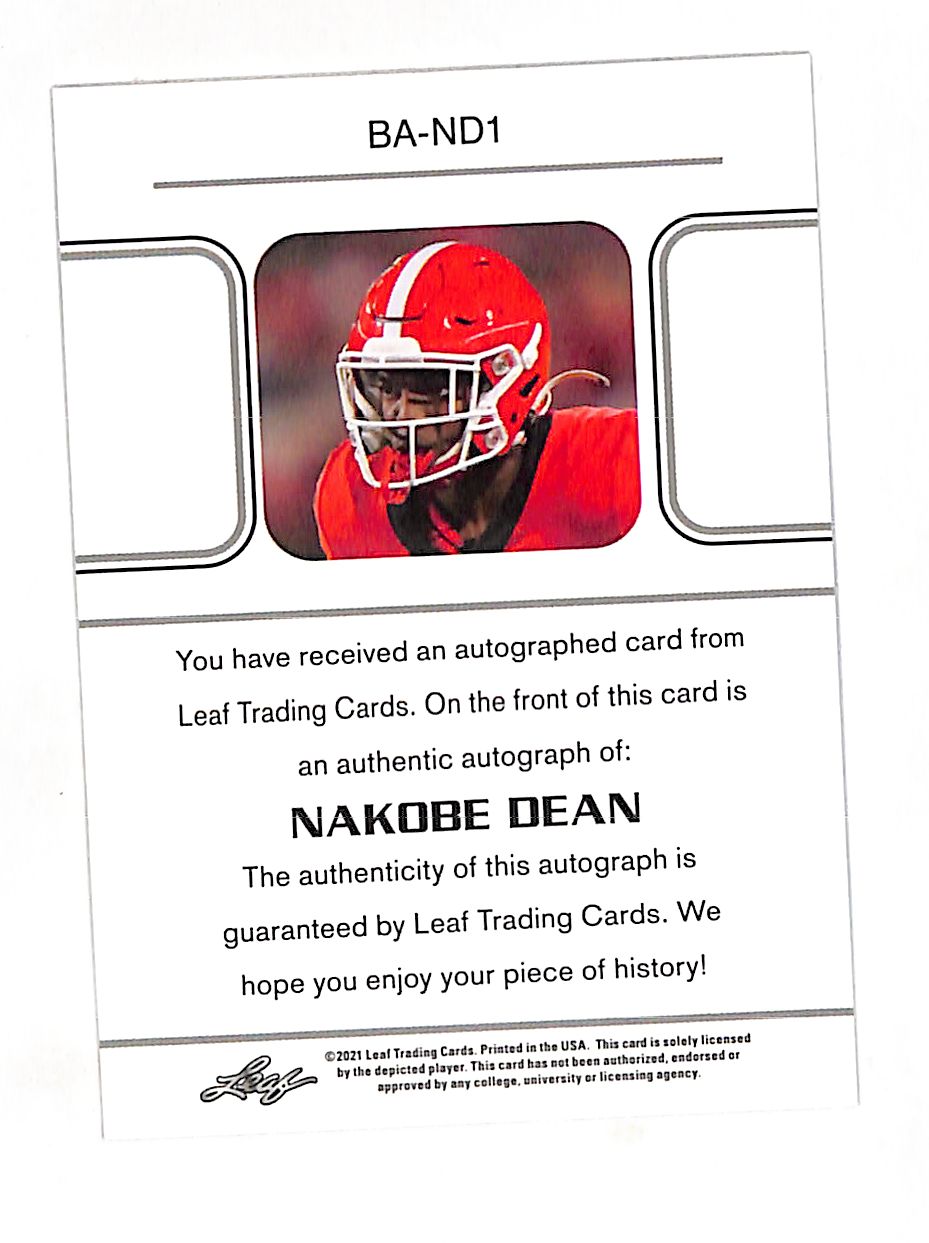 2021 Leaf Nakobe Dean Autograph /35 Rookie RC #BA-ND1 Georgia Bulldogs