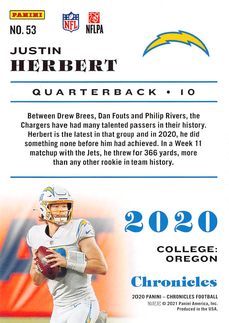 2021 Panini Chronicles Football Justin Herbert Rookie RC #53 Chargers