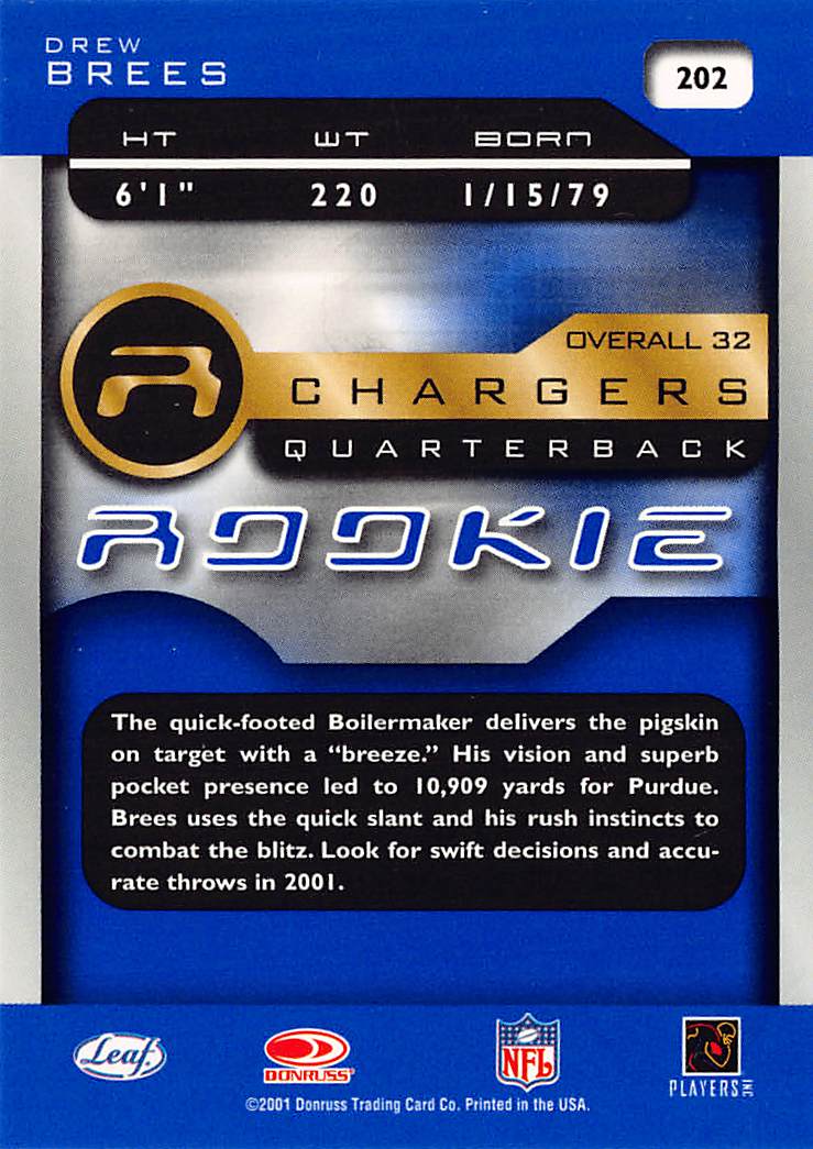2001 Leaf Quantum Drew Brees Rookie #202 San Diego Chargers