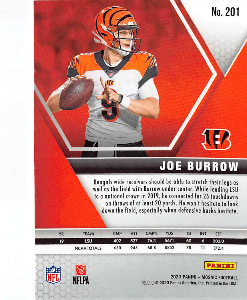 2020 Panini Mosaic Football Joe Burrow Rookie RC #201 Cincinnati Bengals