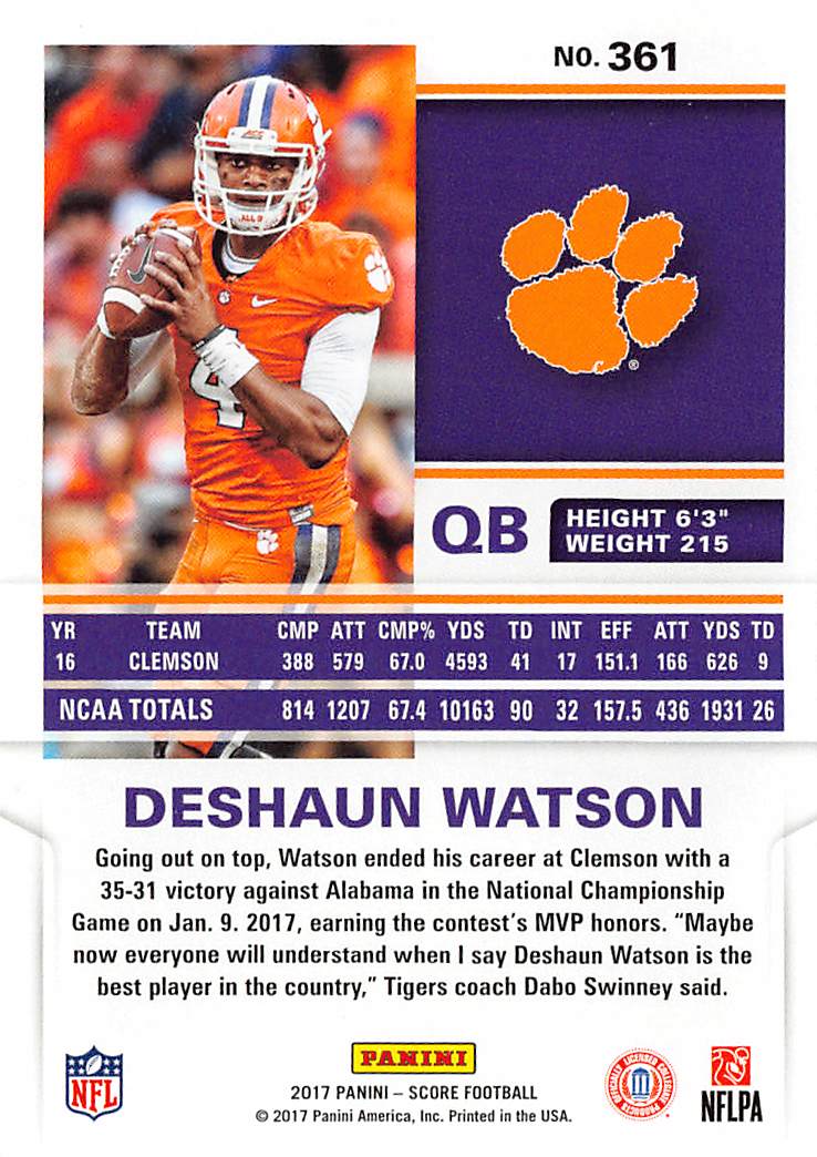 2017 Panini Score Deshaun Watson Rookie RC #361 Clemson Tigers University