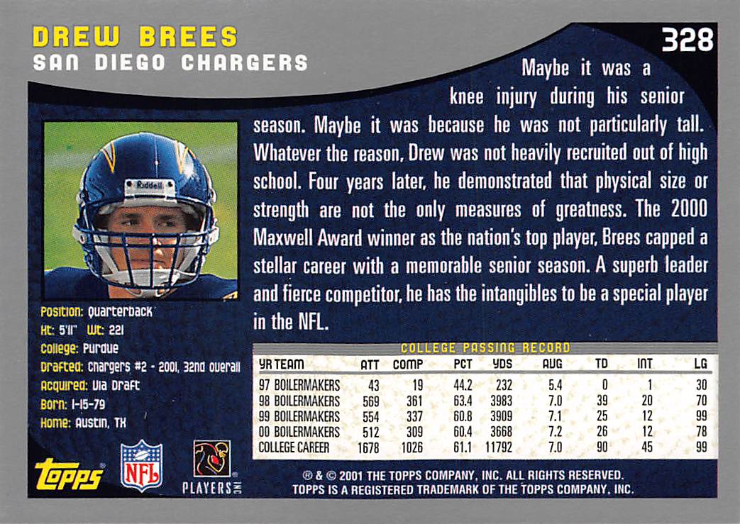2001 Topps Drew Brees Collection Rookie #328 San Diego Chargers
