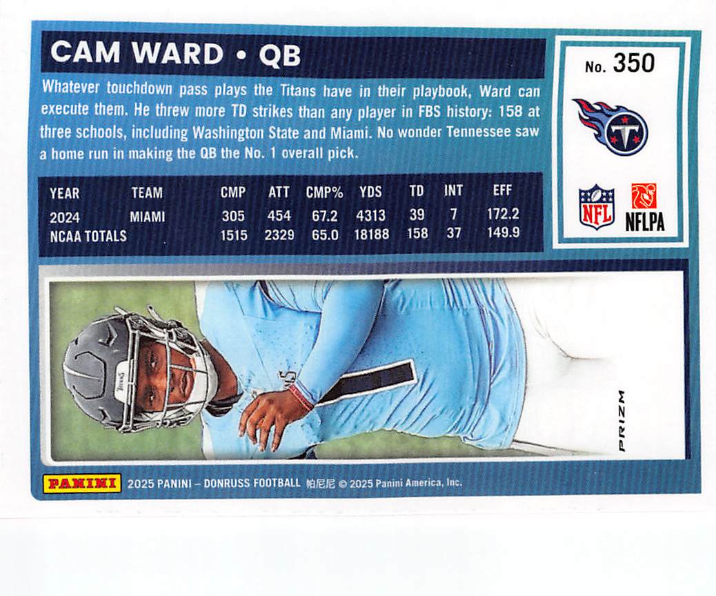 2025 Panini Donruss Optic Cam Ward Red Pandora Rookie #350 Tennessee Titans