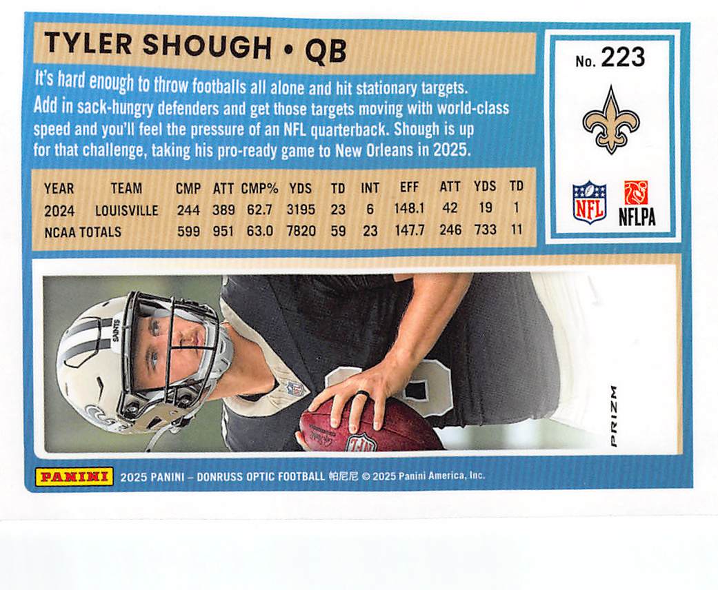 2025 Panini Donruss Optic Tyler Shough Holo Rookie #223 New Orleans Saints