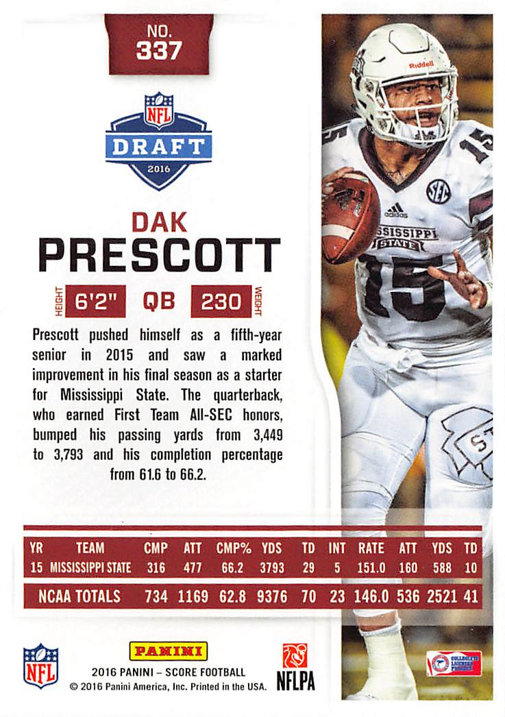 2016 Panini Score Football Dak Prescott Rookie RC #337 Bulldogs