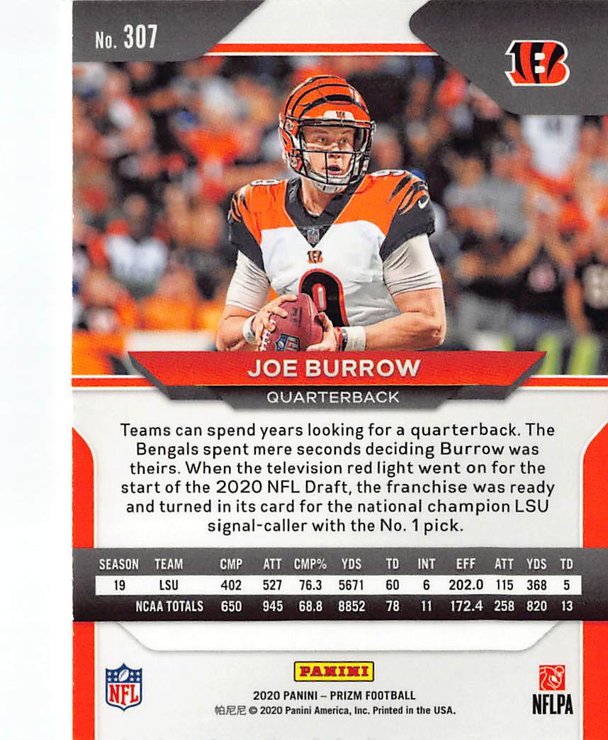 2020 Panini Prizm Joe Burrow Rookie RC #307 Cincinnati Bengals