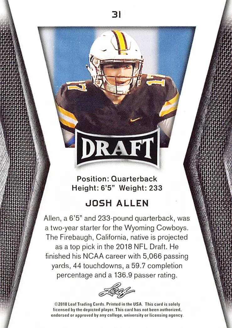 2018 Leaf Draft Josh Allen Rookie #31 Wyoming Cowboys