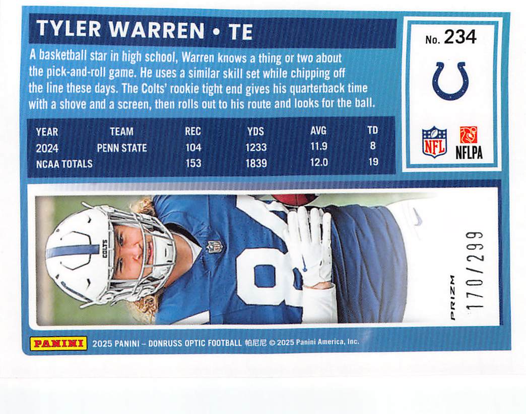2025 Panini Donruss Optic Tyler Warren Orange /299 Rookie #234 Colts