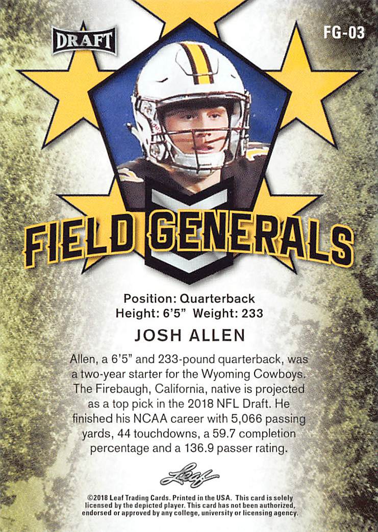 2018 Leaf Draft Field Generals Josh Allen Rookie #FG-03 Wyoming Cowboys