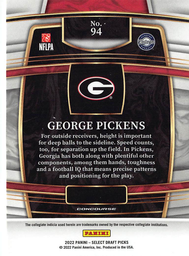2022 Panini Select Draft Picks George Pickens Rookie RC #94 Georgia Bulldogs