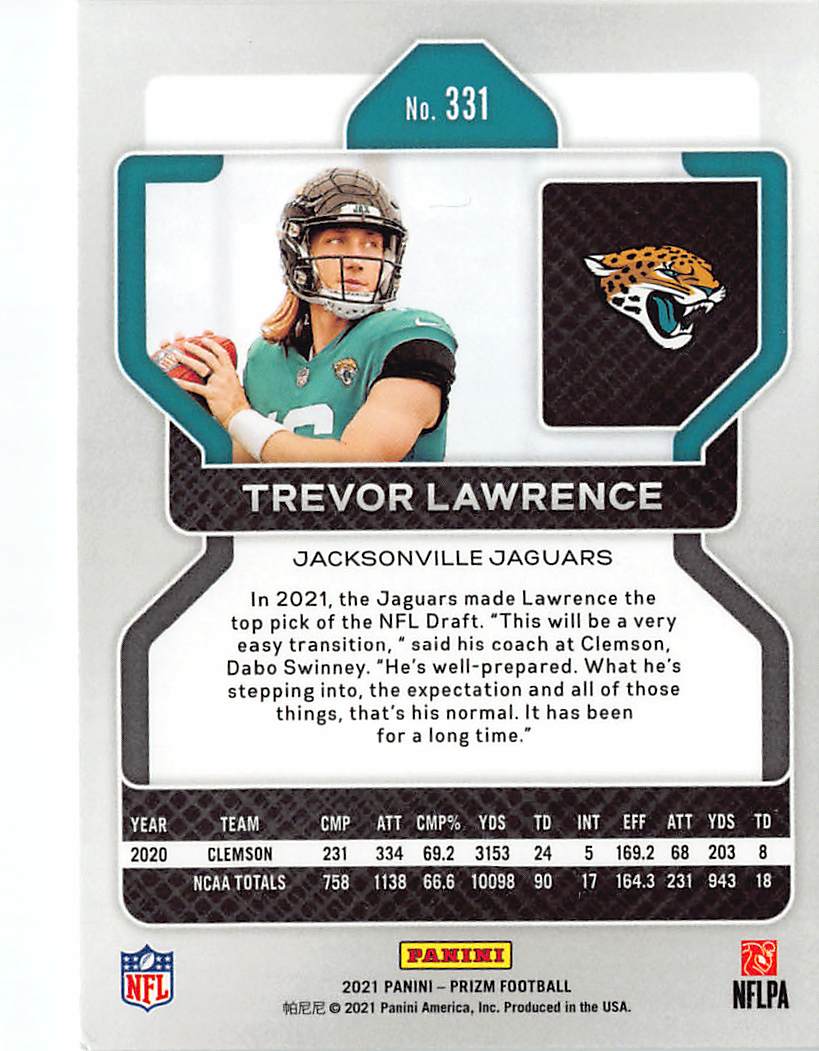 2021 Panini Prizm Football Trevor Lawrence Rookie RC #331 Jacksonville Jaguars