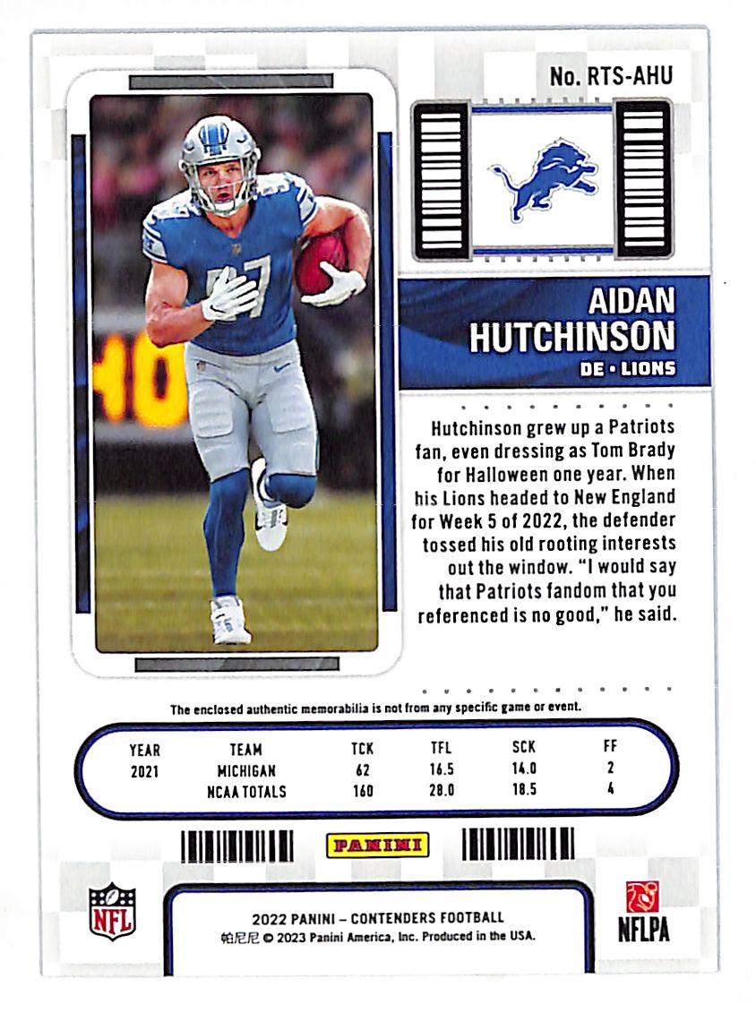 2023 Panini Contenders Aidan Hutchinson Ticket Patch Rookie RC #RTS-AHU Lions