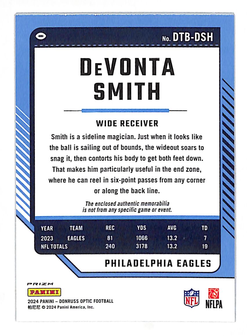 2024 Panini Donruss Optic DeVonta Smith Purple Hyper Memorabilia #DTB-DSH Eagles