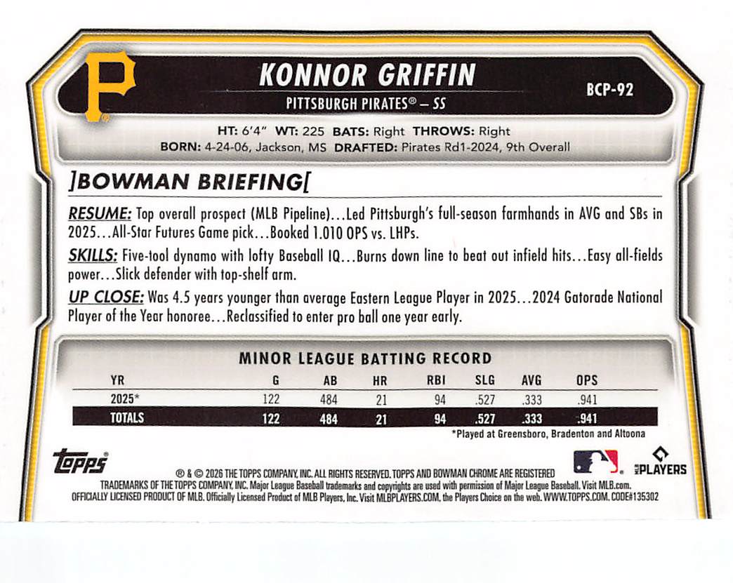 2026 Bowman Chrome Konnor Griffin Blue RayWave /150 #BCP-92 Pittsburgh Pirates
