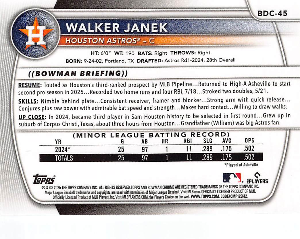 2025 Bowman Chrome Walker Janek Black X-Fractor /10 Rookie #BDC-45 Astros