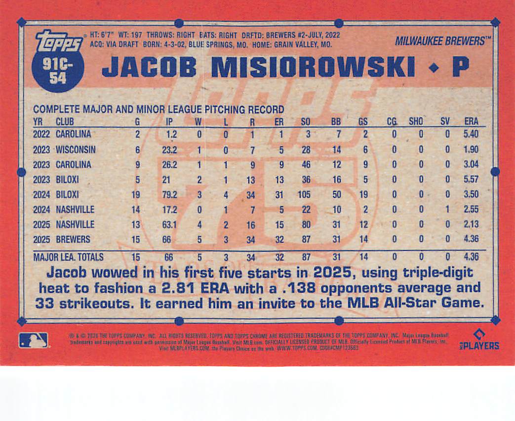 2026 Topps Chrome Jacob Misiorowski Mojo Refractor Rookie RC #91C-54 Brewers
