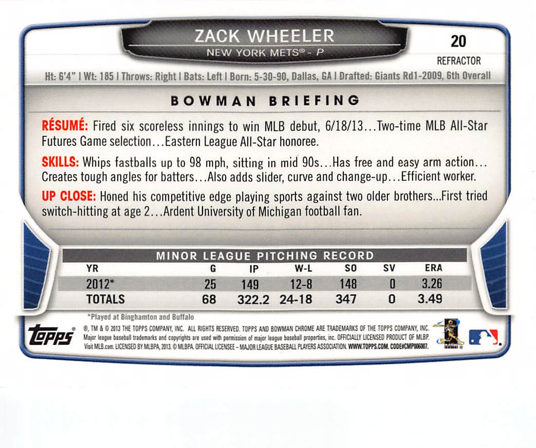 2013 Bowman Chrome Zack Wheeler Refractor Rookie RC #20 New York Mets