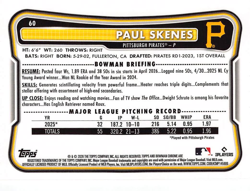 2026 Topps Bowman Chrome Paul Skenes Yellow Geometric /75 #60 Pittsburgh Pirates