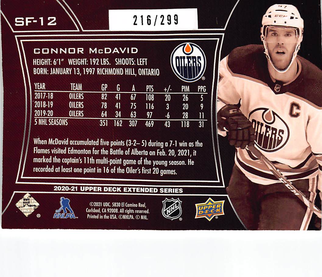 2020-21 Upper Deck Extended Series SPx Finite Connor McDavid /299 #SF-12 Oilers