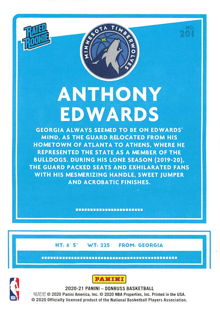 2020 Panini Donruss Basketball Anthony Edwards Rated Rookie #201 Minnesota