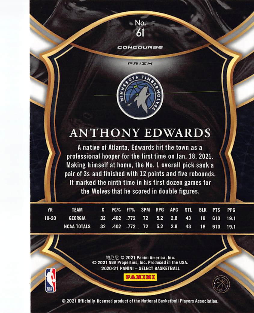 2021 Panini Select Anthony Edwards Red and Green Ice Rookie RC #61 Minnesota