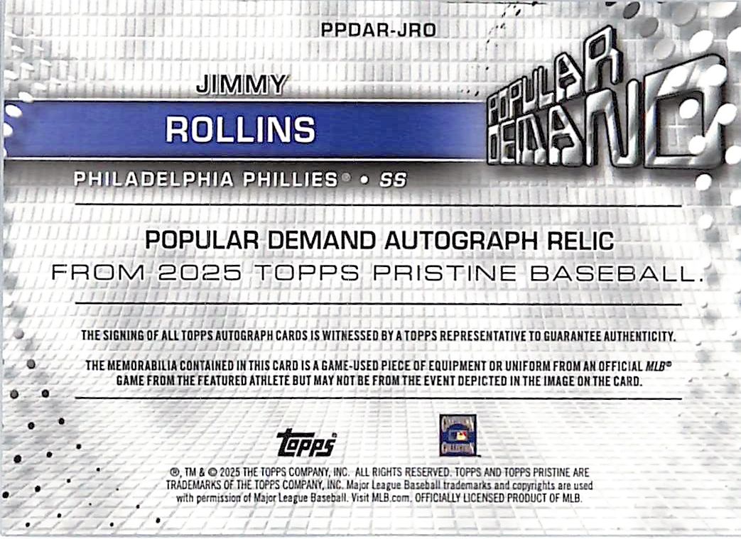 2025 Topps Pristine Jimmy Rollins Popular Demand Auto /70 #PPDAR-JRO Phillies
