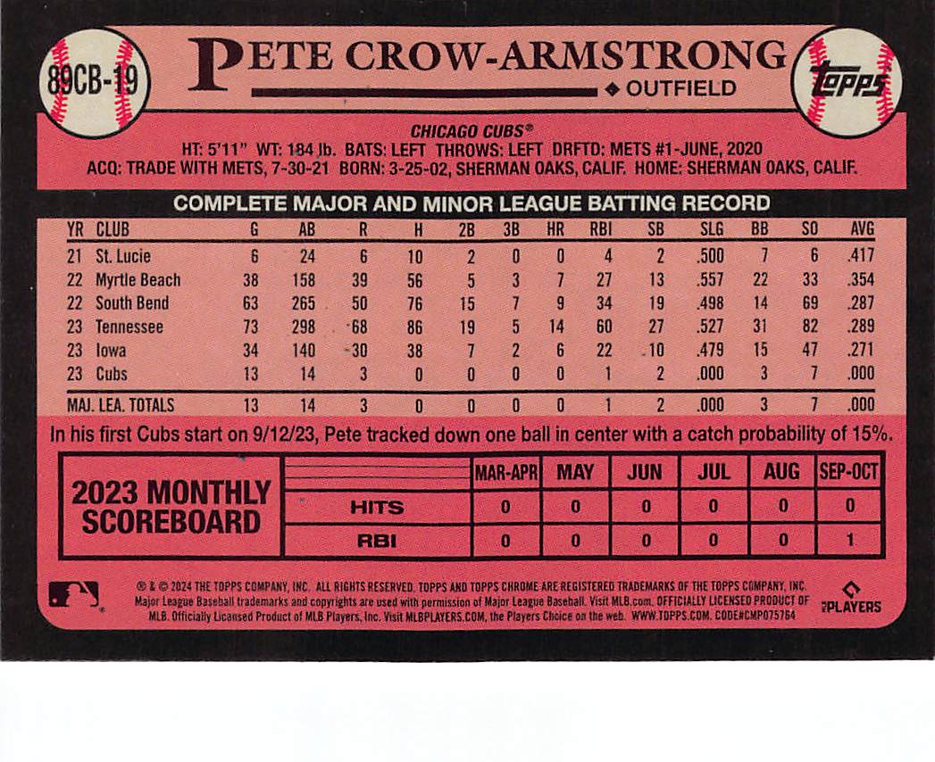 2024 Topps Chrome Pete Crow-Armstrong Refractor Rookie RC #89CB-19 Chicago Cubs