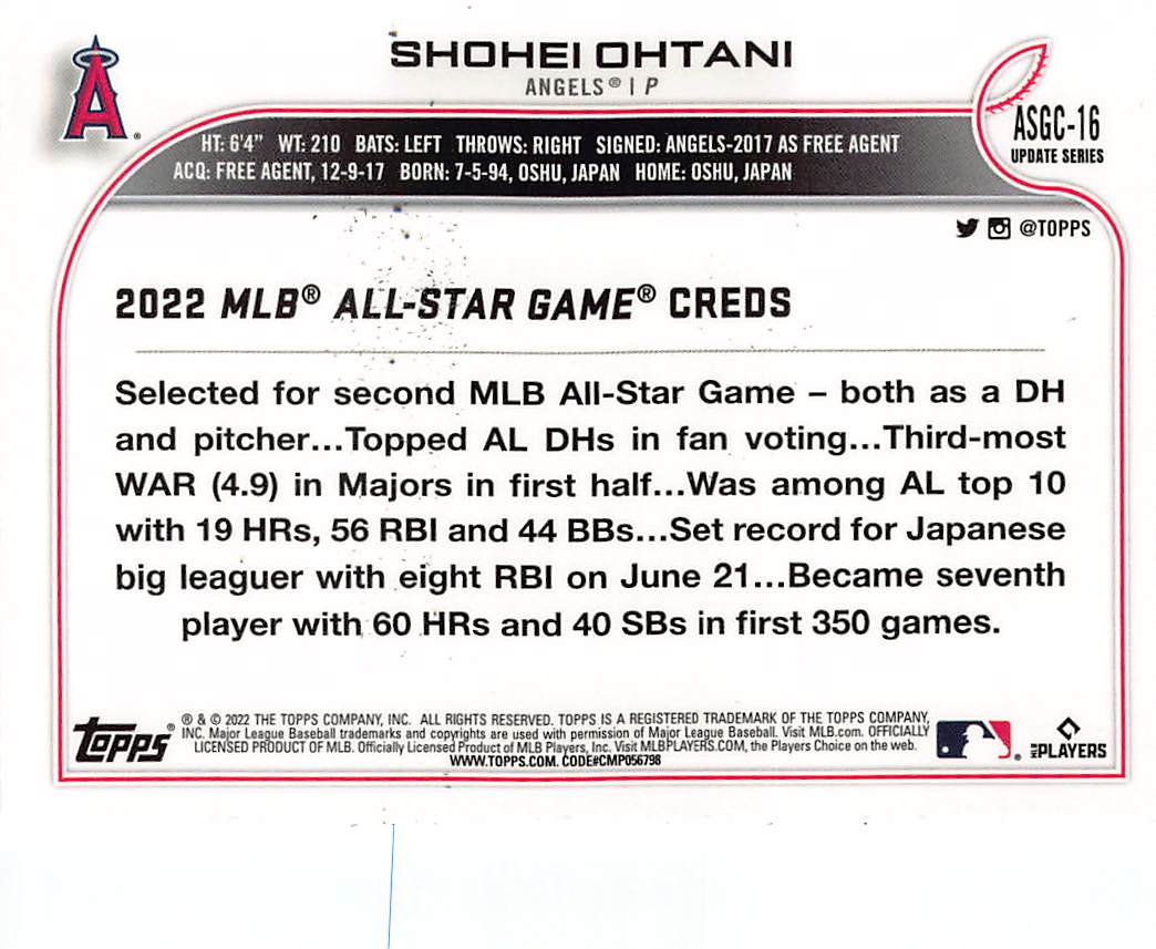 2022 Topps Chrome Update Series Shohei Ohtani Refractor #ASGC-16 Angels