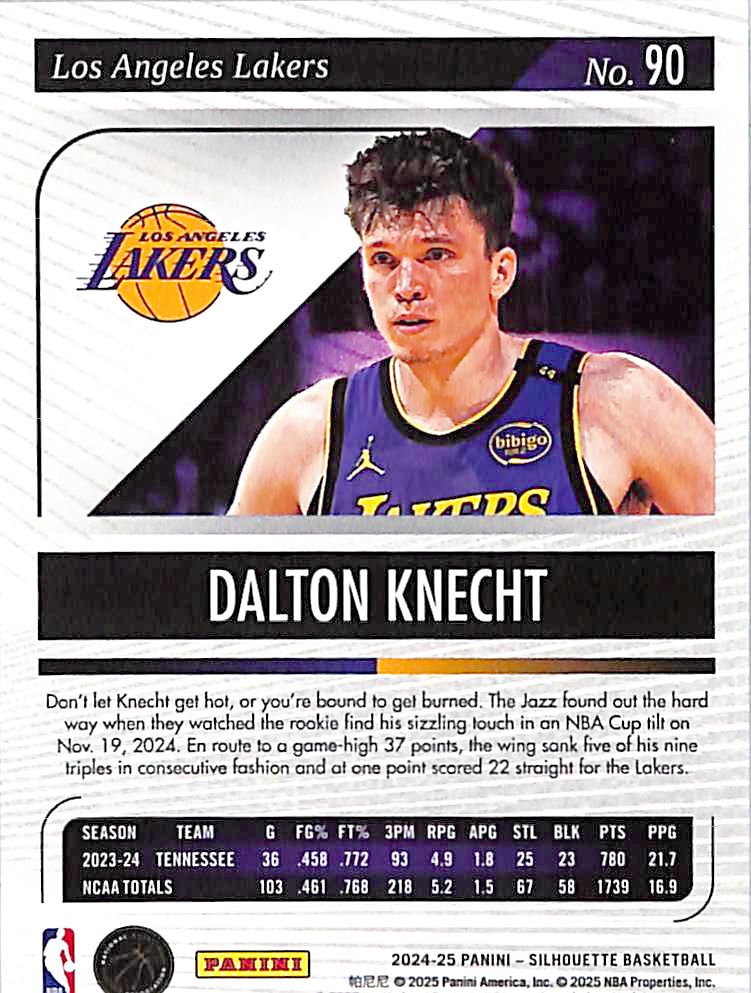 2024-25 Panini Silhouette Basketball Dalton Knecht Purple /99 #90 Lakers