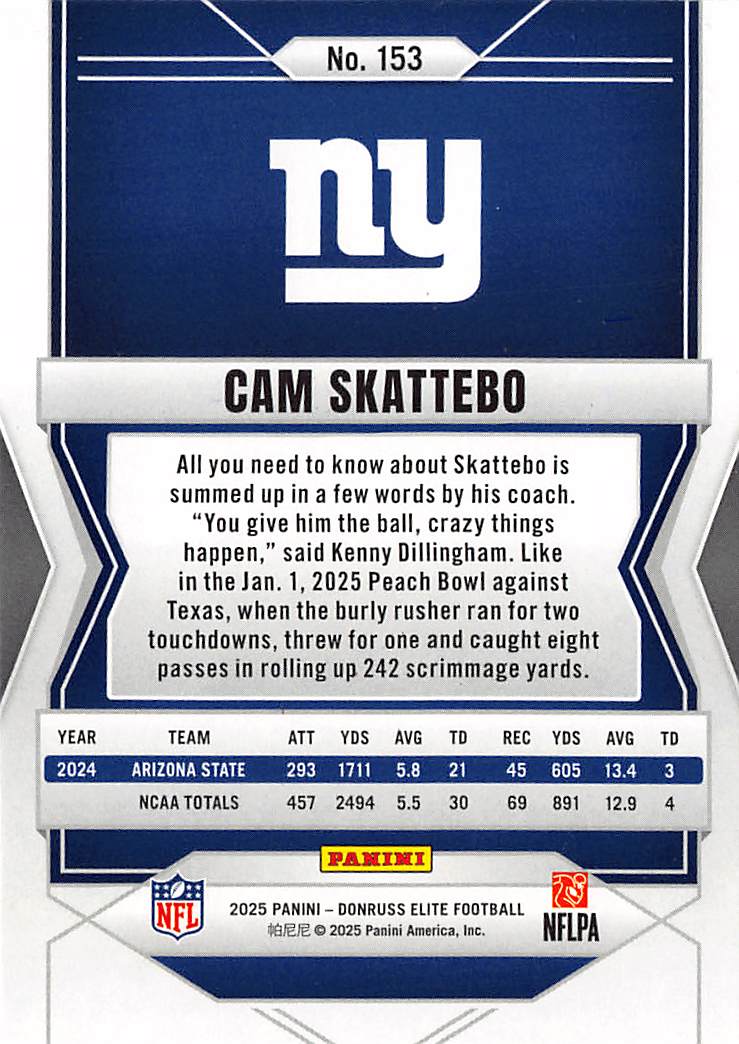 2025 Panini Donruss Elite Cam Skattebo Status Green /999 Rookie RC #153 Giants