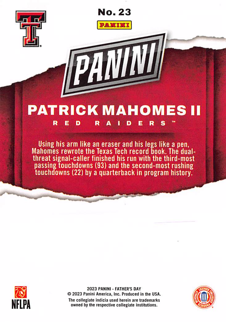 2023 Panini Father's Day Patrick Mahomes II Red Raiders /99 #23 Texas Tech