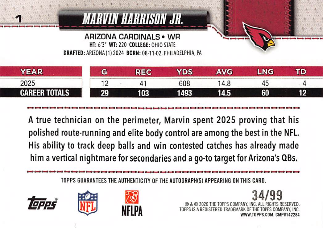 2026 Topps Marvin Harrison Jr. Green Autograph #1 Arizona Cardinals